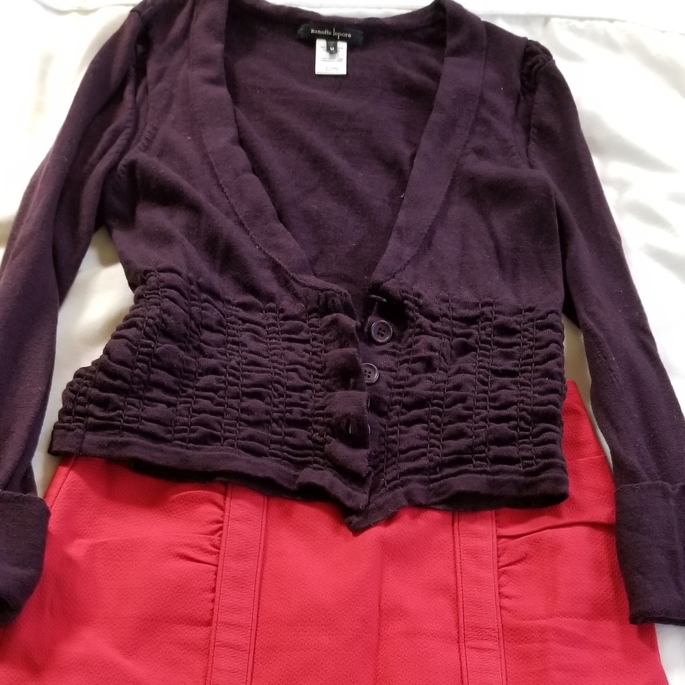 Nanette Lepore cardigan and skirt.
